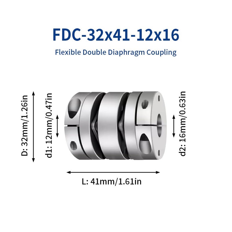 BORDSTRACT 12mm to 16mm Flexible Diaphragm Coupling, D32 L41 Aluminium 2 Diaphragm Motor Shaft Coupler for 3D Printer CNC Machine Servo Stepped Motor - Image 2